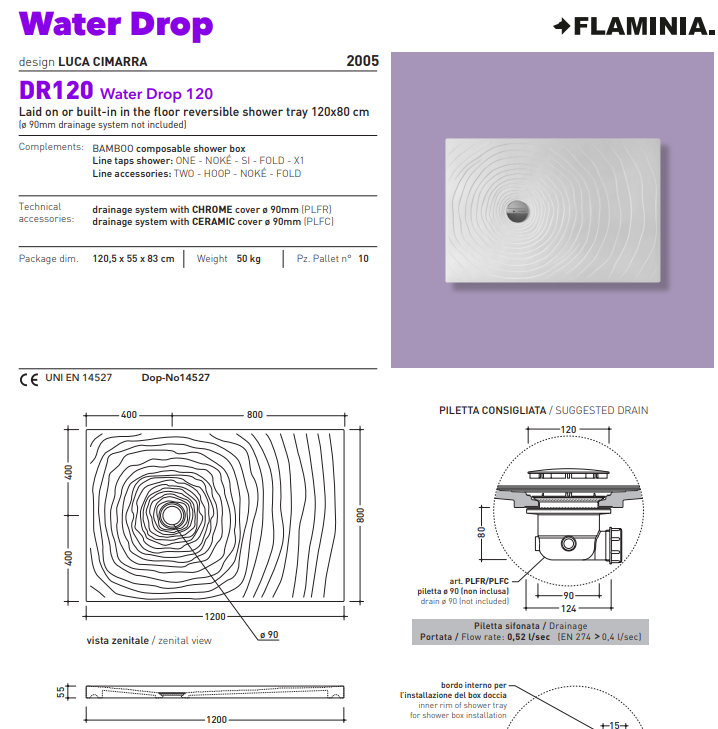 FLAMINIA WATER DROP PORSELEIN DOUCHEBAK 120X80CM WIT GLAZEND